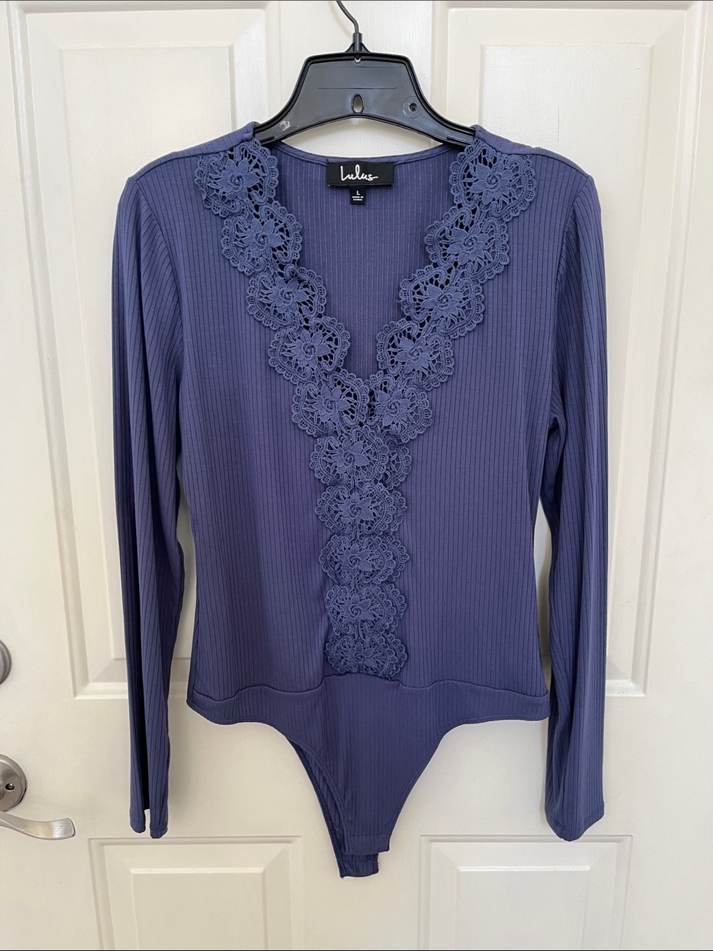 Lulu's Long Sleeve Lace-Trim Ribbed Bodysuit in Slate Blue